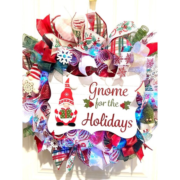 Handmade Christmas Gnome for the Holidays Ribbon Door Wreath 22 ins LED W36 - Picture 10 of 12